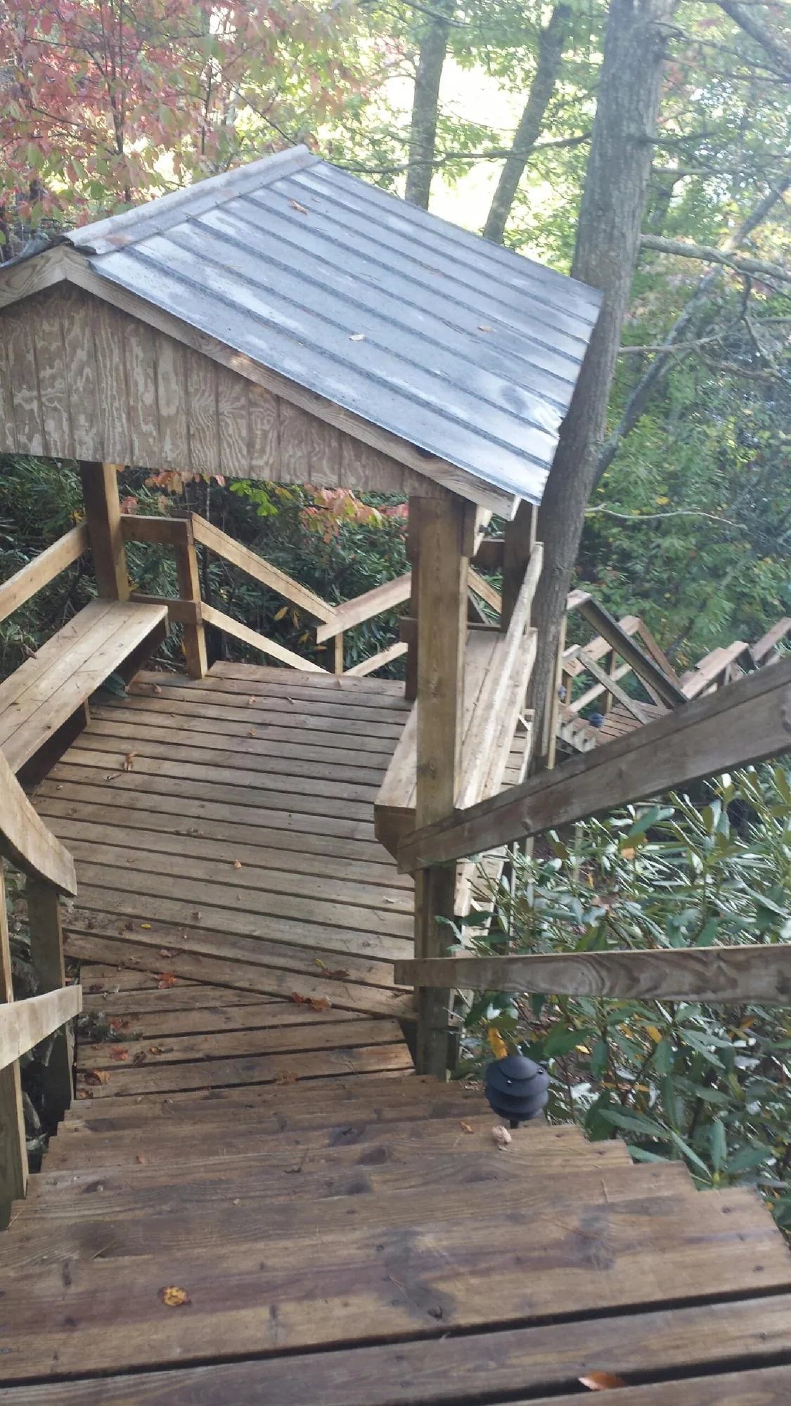 Metal roofed shelter over wooden steps on a wooded walkway — Skylight Repair & Installation work by our crew in Labelle